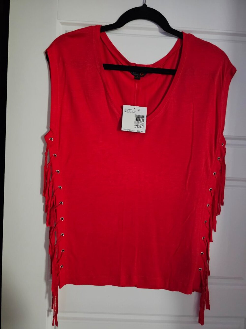 G by Guess red top with fringes and no sleeves